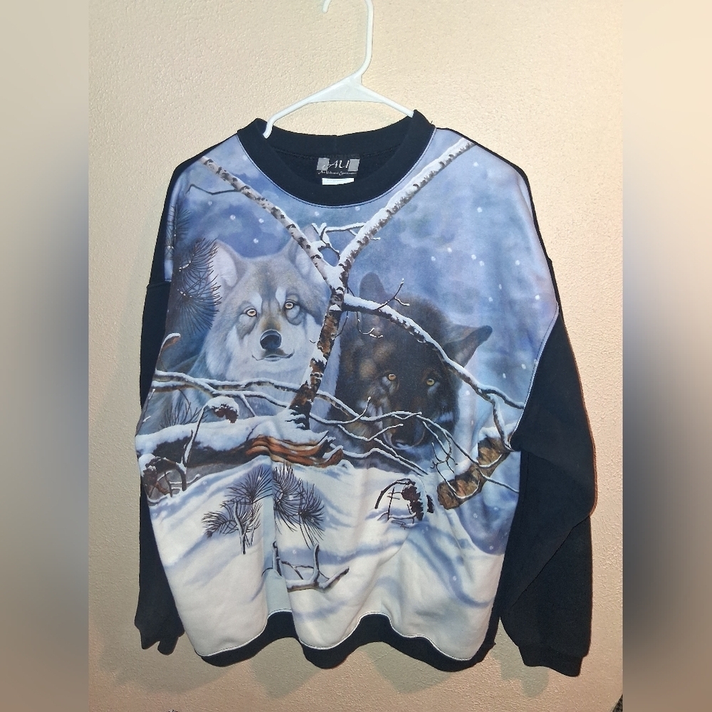Art Unlimited Vintage 90's Wolf Crew Neck Sweater Snow Winter L.